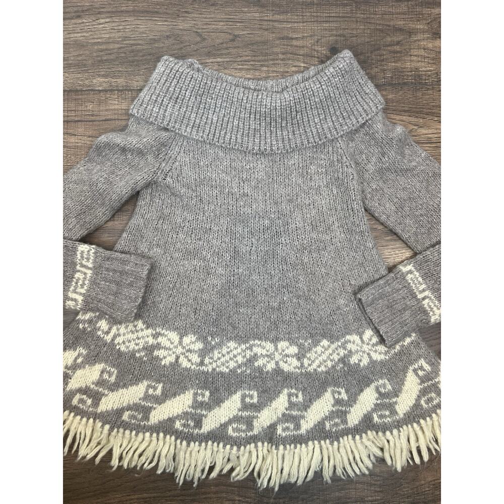 Free People Gray and Cream Knit Fringe Off-Shoulder Sweater - Picture 2 of 7